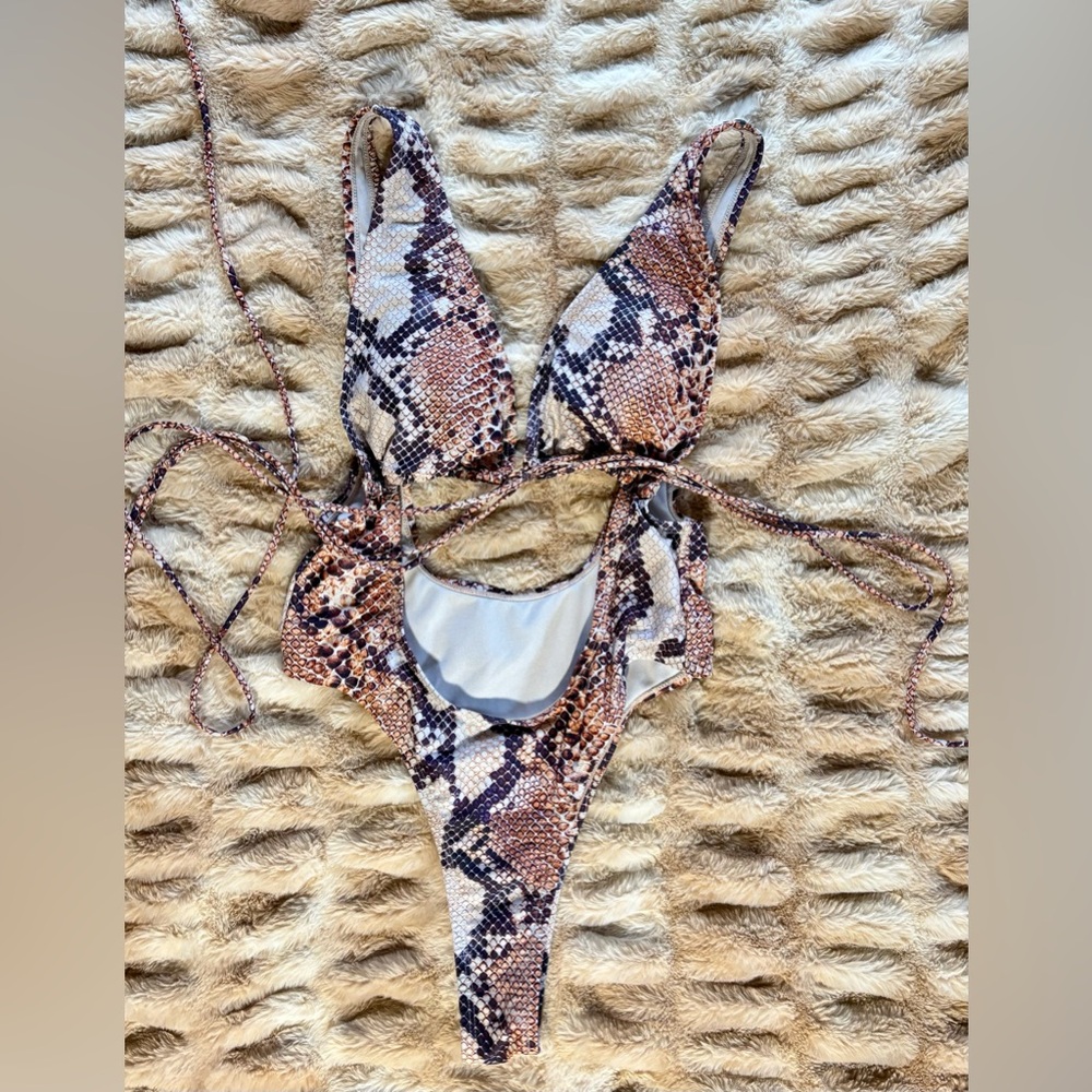 Women's Snakeskin Strappy Cut Out One-Piece Swimsuit in Brown